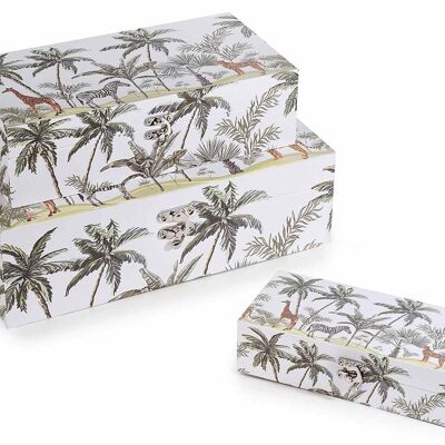 Rectangular wooden boxes with Jungle decorations and metal locking hook in a set of 3 pcs
