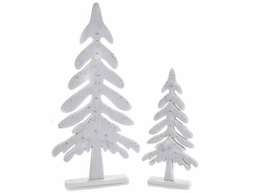 Alberi di Natale in legno con glitter e decori silver in set da 2 pz