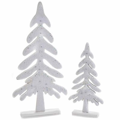 Árboles de Navidad de madera con purpurina y adornos plateados en juego de 2 piezas