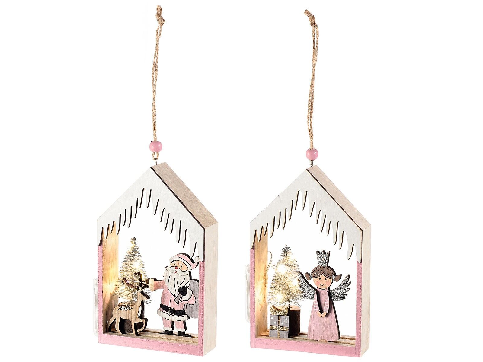 Wooden Christmas houses to hang with Christmas characters and Christmas tree with LED lights