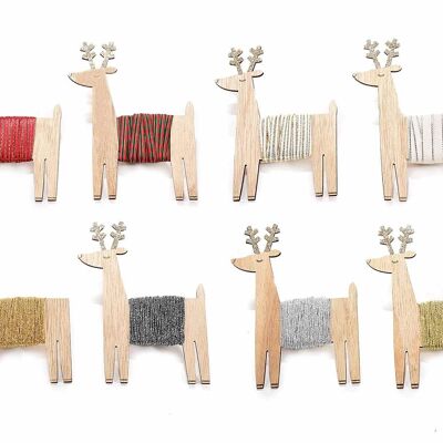 Wooden reindeer with colored decorative ribbon