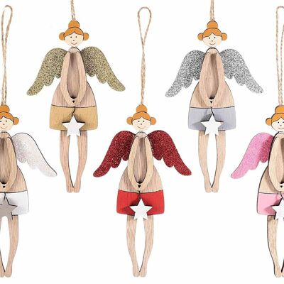Wooden hanging Christmas angels with glitter wings