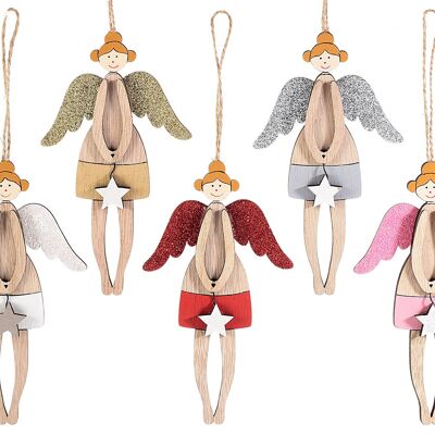 Ángeles navideños colgantes de madera con alas brillantes
