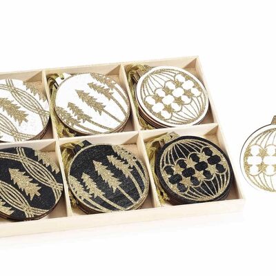 Wooden Christmas ball decorations to hang with glitter in a display of 36 pcs