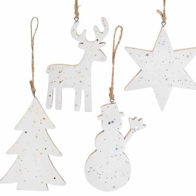 Décorations / ornements de Noël à suspendre en bois effet brillant avec paillettes