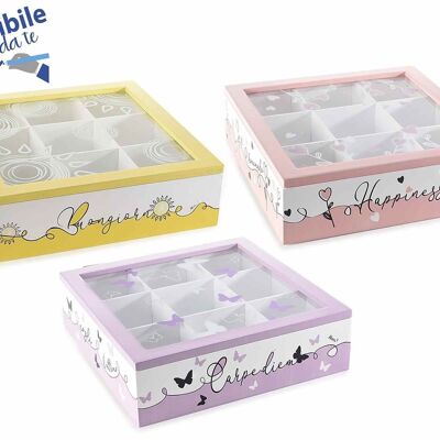 Wooden tea/spice boxes with floral decorations, glass lid and 9 DIY writable compartments