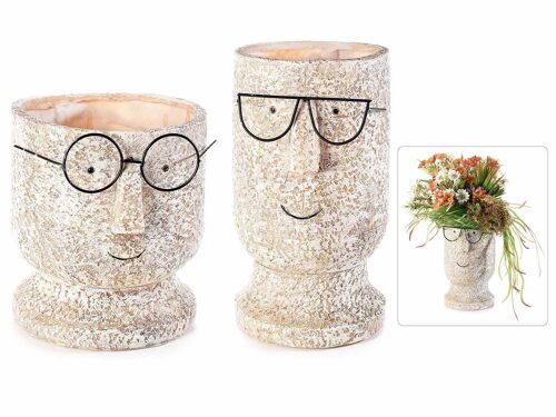 Vasi porta fiori in resina a forma di viso con occhiali in set grande e piccolo