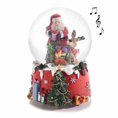 Boules de neige musicales avec Père Noël et cadeaux sur socle en résine