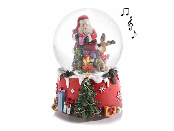 Boules de neige musicales avec Père Noël et cadeaux sur socle en résine