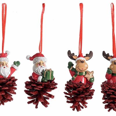 Weihnachtsfiguren aus Kunstharz mit glitzerndem Tannenzapfen zum Aufhängen