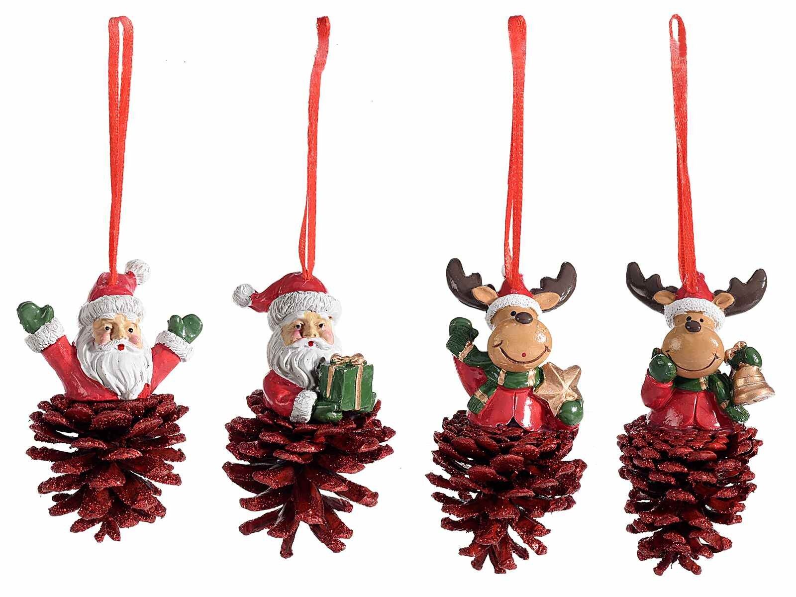 Personaggi natalizi resina con pigna glitterata da appendere