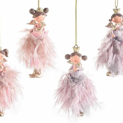 Long legged resin angels with feather skirt to hang