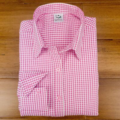 Camicia Grenouille classica a maniche lunghe in seersucker rosa a quadretti