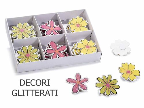 Fiorellini decorativi in legno con glitter e adesivo in scatola da 36 pz