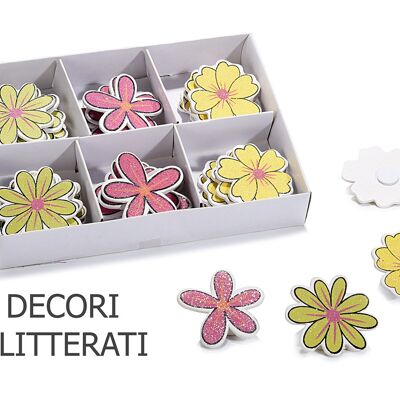Flores decorativas de madera con purpurina y pegatina en caja de 36 unidades.