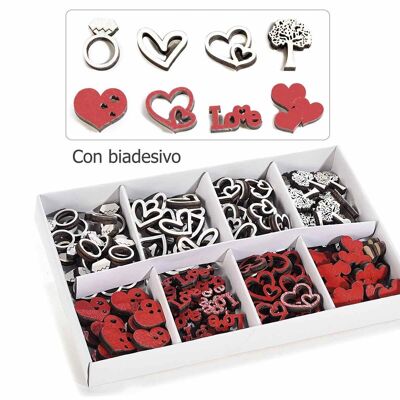Valentine's Day wooden decorations with sticker in paper display of 128 pcs