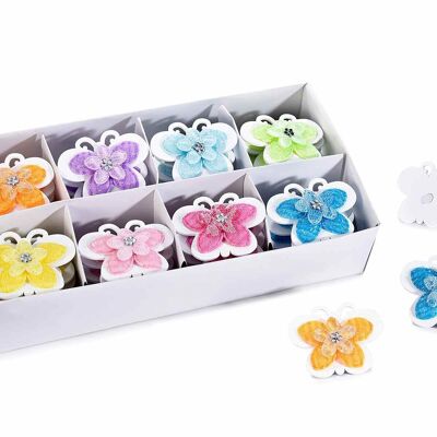 Wooden and fabric butterflies with sticker and rhinestones in a display of 72 pieces