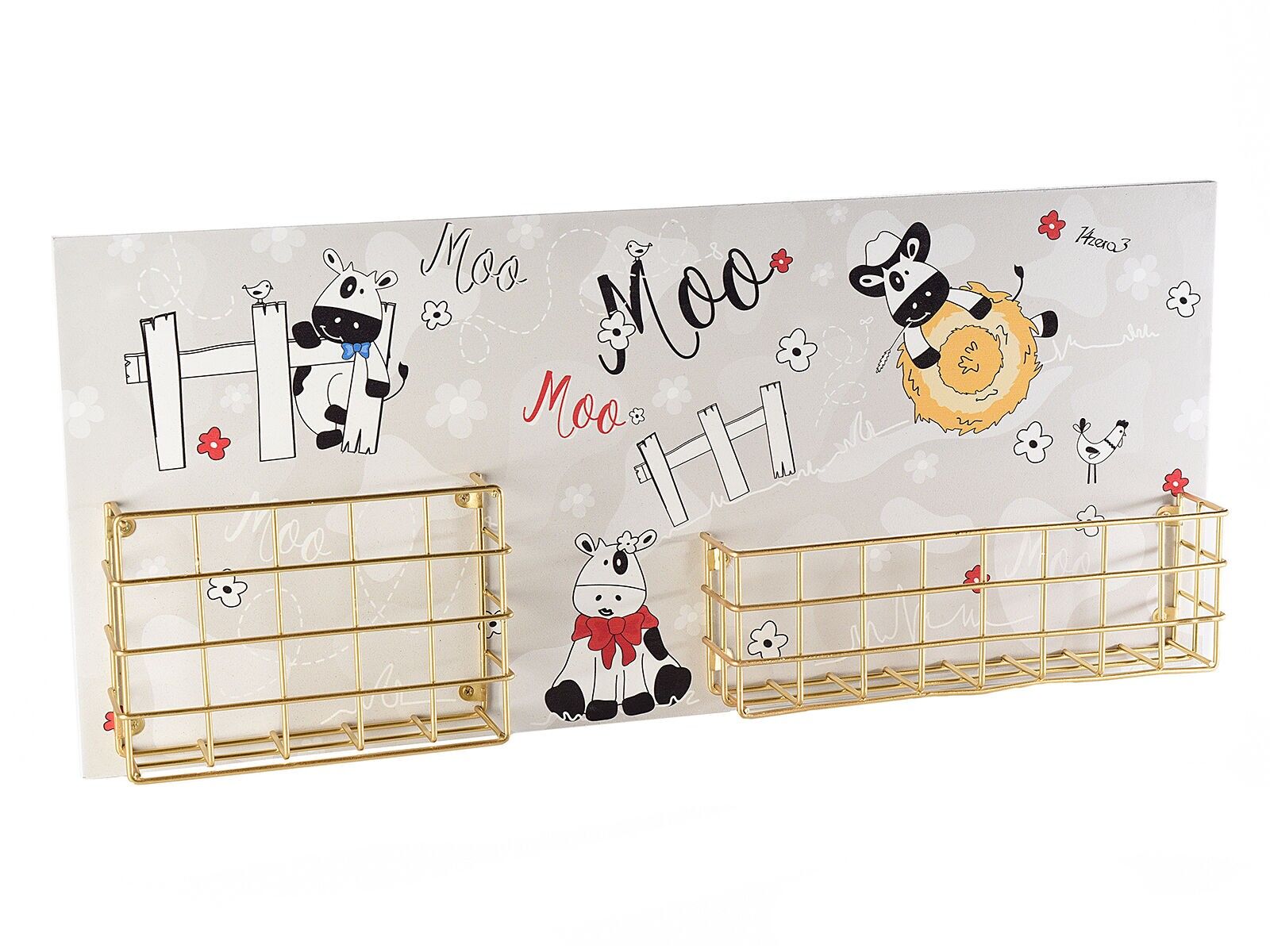 Porta documenti in legno da appendere con griglia in metallo e decori ''MooMoo'' 14zero3