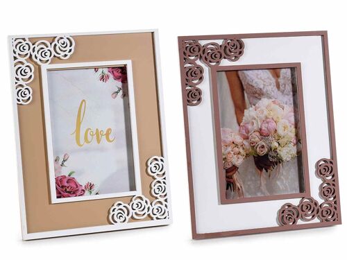 Portafoto in legno con decori rose intagliate bicolore da appoggiare