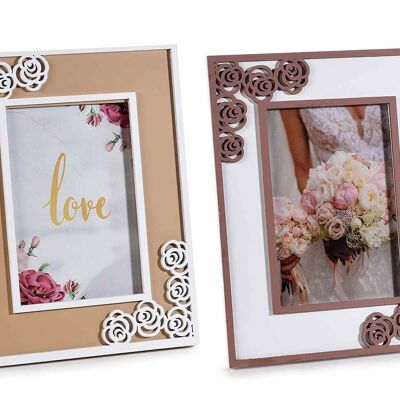 Wooden photo frame with two-tone carved rose decorations to stand on