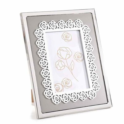 Elegant small wooden photo holder with metal finish and rose decorations to place on it
