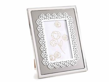 Elégant petit porte photo en bois avec finition en métal et décorations de roses à poser dessus