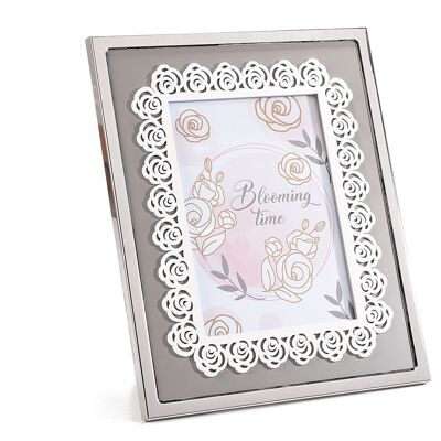 Élégant porte photo en bois médium avec finition en métal et décorations de roses à placer