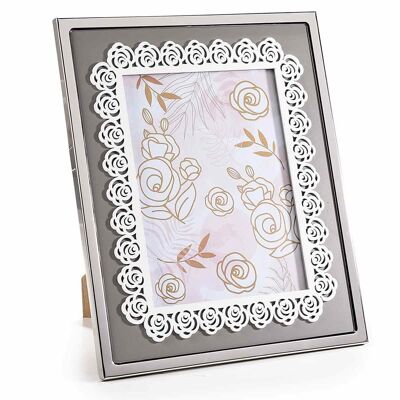 Elegant large wooden photo holder with metal finish and rose decorations to place on it