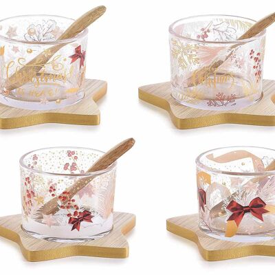 Christmas dessert/aperitif set with decorated glass bowls, teaspoon and wooden star tray 14zero3