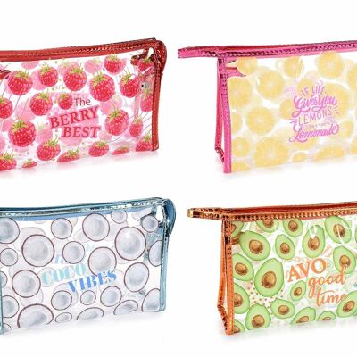 Transparent beauty cases with zip and "Bi Fruit" avocado, strawberry, lemon and coconut print