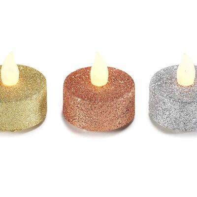 Colored battery-operated tealight candles with glitter and flickering light in a pack of 4 pcs