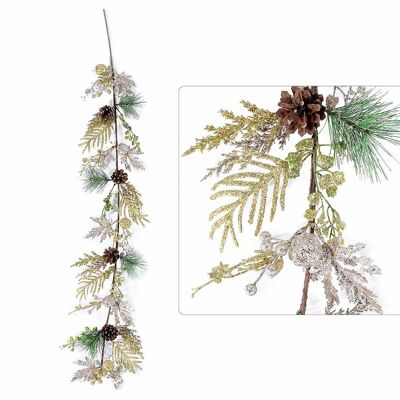 Artificial pine branches Christmas decorations with pine cones, apples and gold glitter berries