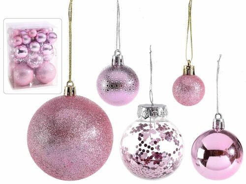 Palline rosa di Natale in plastica con decori glitter, paillettes e lucide in misura assortita in scatola da 50 palline