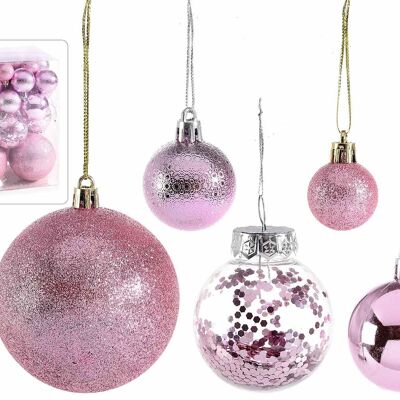Bolas navideñas de plástico rosa con purpurina, lentejuelas y adornos brillantes en varios tamaños en una caja de 50 bolas