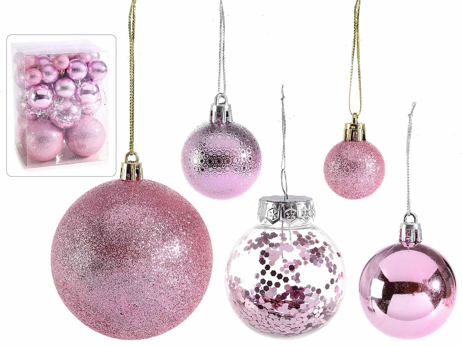 Palline rosa di Natale in plastica con decori glitter, paillettes e lucide in misura assortita in scatola da 50 palline