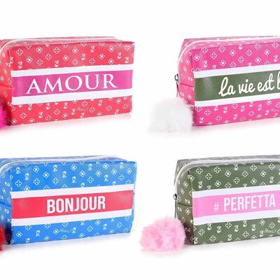 Faux leather pencil cases / beauty cases with faux fur pompoms and "Romantique" design zip