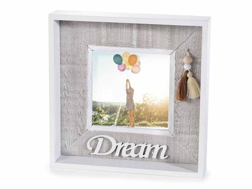 Portafoto in legno con scritta Dream e nappine da appoggiare