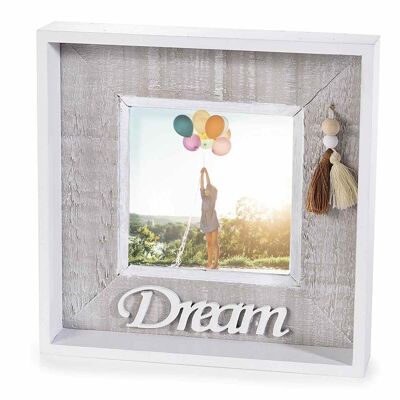 Portafoto in legno con scritta Dream e nappine da appoggiare