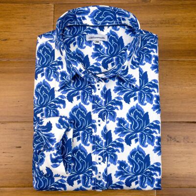 Grenouille Delft Blue Floral Print Shaped Fit Shirt