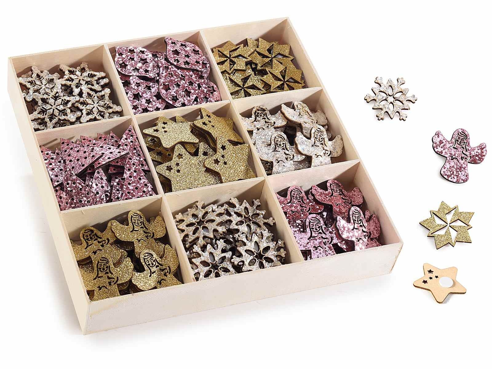 Klebedekorationen aus farbigem Holz und Glitzer mit Kleber im Display zu 144 Stück 14zero3