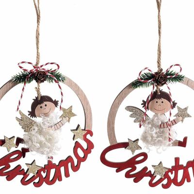 Coroncine natalizie in legno da appendere con angioletto, glitter e scritta Christmas
