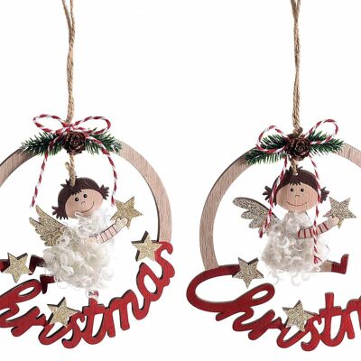 Coronas navideñas de madera para colgar con ángel, purpurina y escritura navideña