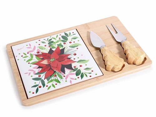 Set a tagliere in legno e ceramica con decori natalizi con coltelli da formaggio 14zero3