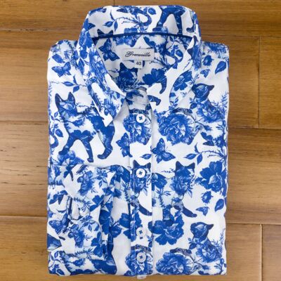 Camicia da donna sagomata con stampa blu gatto e fiori Grenouille