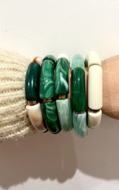bracelet élastique résine acétate tube vert marbré | écru épaisseur 1 cm