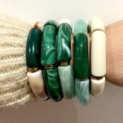 elastic bracelet acetate resin tube marbled green | ecru thickness 1 cm