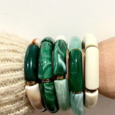 bracelet élastique résine acétate tube vert marbré | écru épaisseur 1 cm
