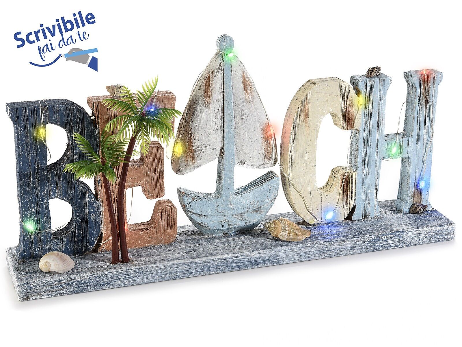 Decorative wooden writing "Beach" with LED and DIY writable decorative boat