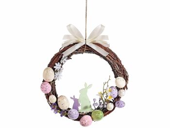 Couronnes de Pâques en bois avec œufs colorés, décorations de lapins en bois et nœud à suspendre