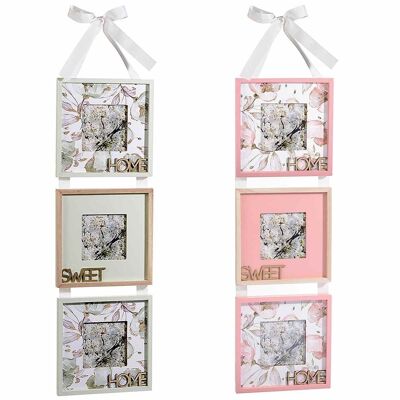 Triple vertical wooden photo holder with ''Flowers'' decorations to hang